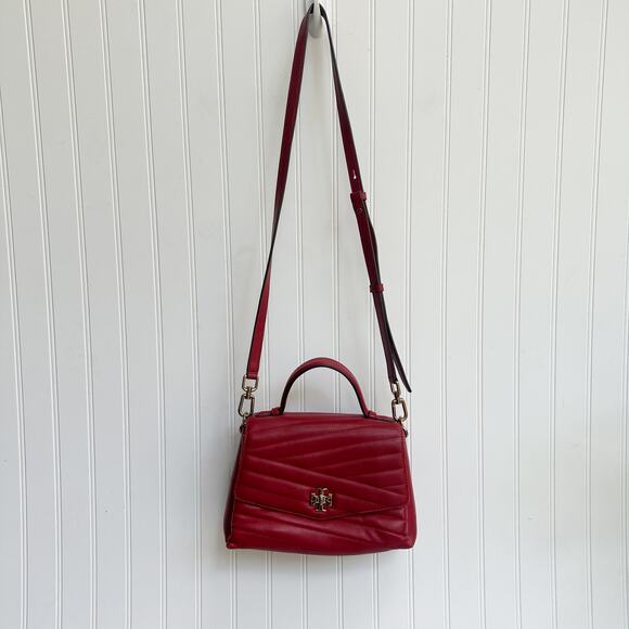 Tory Burch Kira Chevron Top Handle Satchel Apple Red Leather Convertible Bag - Picture 3 of 11